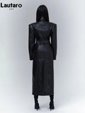Spring Autumn Long Black Fitted Soft Pu Leather Trench Coat for Women with Shoulder Pads Luxury Designer Clothing