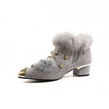 Boots Womens Pointed Metal Ankle Boots Crystal Fox Pattern Women Metal Pointed Toe Glitter Fur Moccasins Bottes