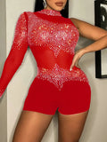 Black see through Rhinestone bodysuit club short jumpsuit women summer backless bodycon party rompers jumpsuits