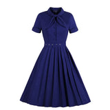 2022 Swing Rockabilly Solid Flare Dress 50s Retro Vintage Bow Neck Knee-Length Pin Up Bandage Office Pleated