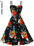 Summer New Arrival Women Summer Dresses Spaghetti Straps Floral Printed Sexy Sleeveless High Waist 50s Swing Pinup
