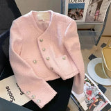 Plaid Tweed Cropped Jackets Women Sweet Pink Short Coats Vintage Korean Elegant Luxury Single Breasted Outerwear