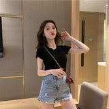 Zingj 2024 New Korean Letter Embroidered Slim Short-Sleeve T-Shirt Women's