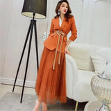 Blazer With Belt + Midi Pleated Skirt Women 2 Piece Set Office Vintage Office Lady Long Sleeve Suit Jacket Chic Skirt