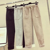 Streetwear Women Warm Plush Pants Fashion Faux Lamb Fleece Thick Harem Pants Female High Waist Elastic Korean Casual