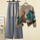 Winter 2 Piece Sets Womens Outfits Office Ladies Oversized Knitted Swerter And Wide Leg Pants Suits Knitting Two Piece