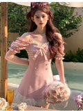 Pink Plaid Bow Princess Mini Dress Women 2023 Summer Sexy Slim Slash Neck Lace Ruffle Kawaii Y2k Lolita Female