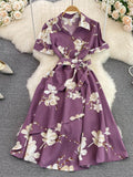 Women Printed Dress Elegant Turn-Down Collar Short Sleeve High Waist A-Line Red/Blue/Purple Slim Vestidos New