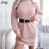 Knitted Sweater Dress for Women Autumn Winter 2022 new Casual Button High Neck Long Sleeve Mini Bottoming Sweater