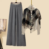 Knitted Two Pieces Sets Womens Outfits Office Ladies Elegant Vintage Plaid Patchwork Sweater Cardigan+ Wide Leg Pant