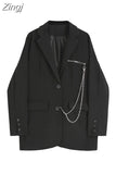 Autumn Winter Elegant Black Gothic Women's Blazer Jacket Casual Fashion Solid Double-breasted Pocket Chain Coat