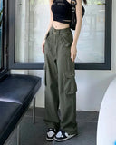 Women's Spring Summer Cargo Pants Elastic Waist Multiple Pockets Solid Vintage Fashion Tooling Style Straight Wide Leg