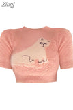 Women O-Neck Knitted Sweater Female Casual Streetwear Harajuku Clothing Short Sleeve Kawaii Print Crop Top Pullovers 2023