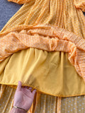 Vintage Yellow/Purple/Blue Polka Dot Chiffon Long Dress Women Elegant O-Neck Puff Sleeve Pleated Party Robe Female
