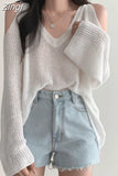 Solid Casual Hollow Out Korean Long Sleeve Sweater Y2k Pullover Loose Off Shoulder Sueters Sunscreen Tops Knitted