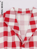 England Style Summer Casual Swing Dress Plaid Printed Red Turn Down Collar Cotton Retro Vintage Pinup Rockabilly