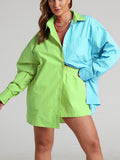 Spring and Summer Splicing Leisure Two-piece Women's Long-sleeved Lapel Shirt Shorts Loose Fashion Suit Street Women's