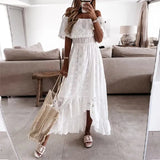 2022 Boho One Word Collar Lace Hook Flower Hollow Irregular White Long Dresses Lady Sexy Off Shoulder Beach Casual