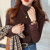 Solid Sweater Women Plus Velvet Knitted Pullovers Korean Fleece Thick Half High Collar Knitwear Basic Elastic Slim