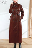 Spring Autumn Extra Long Oversized Cool Reflective Shiny Black Paten Leather Trench Coat for Women Belt Runway