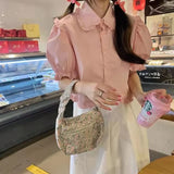 Sweet Cute White Shirt Women Pink Ruffles Puff Sleeve Blouse Student Summer Kawaii Preppy Japanese Loose Casual Crop