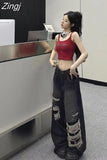 Street American Vintage Denim Pants Distressed Y2k Straight Jeans Women Wide Leg Hip Hop Grunge Raw Edge Hole Jean