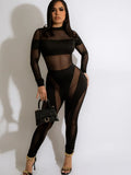 Sexy Neon Green Mesh Patchwork Jumpsuits Women New Long Sleeve Sheer Skinny Rompers Night