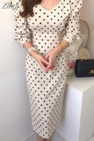 Elegant Polka Dot Corduroy Dress Korea Fashion Long Sleeves Midi Dresses for Women V-Neck Slim Vestidos Autumn 2023