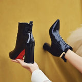 Style Womne's High Heeled Ankle Boots,Autumn/Winter Shoes Female Snake Pattern Patent Leather Short Boot Black
