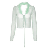 Y2K Retro Sexy Backless Feather Trim Mint Mesh Top Coquette Aesthetics Deep V Bandage Long Sleeve Covers Rave