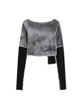 Patchwork Crop Bodycon T Shirt Women Long Sleeve Streetwear Chic Tees O Neck Ins 2023 Ulzzang Casual Loose Tide