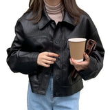 Chic PU Leather Jacket Women Solid Long Sleeve Single Breasted Short Coat Ladies 2020 Winter New Leather