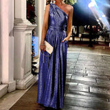 Solid Shiny Ladies Long Dress Fashion Diagonal Collar Backless Sleeveless Party Dress Casual Slim Pleated Pocket
