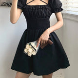 Gothic Black Mini Dress Women Summer Sweet Kawaii Puff Sleeve Punk A-LINE Lolita Dress Harajuku Elegant Party