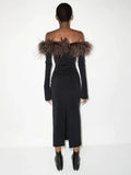 Off Shoulder Long Sleeve Feather Bandage Dress Women Black Slash Neck Strapless Bodycon Midi Dress Evening Party Club
