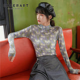 Lilac Tulip Floral Mesh Top Long Sleeve Tees T Shirt Women Tshirt Turtleneck Transparent Ladies Top Korean