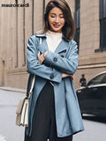 Spring Autumn Classy Blue Faux Leather Trench Coat for Women Belt Elegant Luxury Designer Clothes Runway Fashion