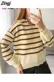 Winter Women's Sweater 2023 Trend Warm Knitted Striped Sweater V Neck Jumper with Collar Oversize Polo Sweater for