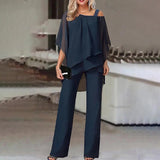 Women Straight Long Pants Outfits Casual Off Shoulder Ruffled Irregular Party Suit Spring Office Commuting Two Piece Set