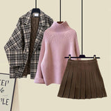 Winter Warm Clothes For Women French Vintage Notched V Neck Plaid Woolen Coats+knitted Sweater+pleated Skirts 3 Piece