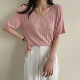 V-Neck Knitted Short-sleeved T-shirt Summer Korean Version 2022 New Loose And Thin Short All-match Bottoming