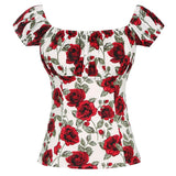 Rose Red Floral Print Vintage 50s Pinup Print Short Sleeve Shirt In White Retro Pin Up Cropped Party 2022 Shirts