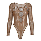 Sexy 90s Fashion Hollow Out Brown Mesh Bodysuits Y2K Retro Partywear O-neck Skinny Long Sleeve Transparent Rompers