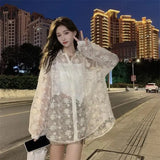 Sunscreen Jacket Women Perspective Hollow Out Mesh Trench Outwear Zipper Coat Floral Embroidery Hoodies Loose