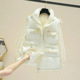 2022 Winter Sleeveless Stand Collar Multi Pockets Thick Cotton Vest Women Gilet