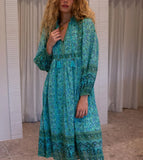 Queens Women Green Floral Print Beach Long Bohemian Dresses Robe Ladies Summer Rayon Cotton Midi Dress