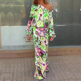 Pattern Print Women Suit Casual Diagonal Neck Long Sleeve Top And High Waist Skirt Suit Ladies Fashion Slim 2 Piece
