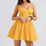 Yellow Strap Jacquard Lace Mini Dress- Outfit