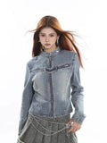 Short Coat for Women Autumn New Burrs Slim Slim-Fit Zipper Long Sleeve Blue Jean Jacket