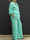 Women Autumn Linen Lapel Shirt Two Pieces Set Vintage Solid Long Sleeve Button Blouse and Loose Straight Pants Casual